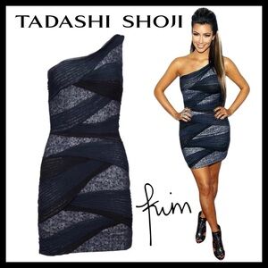 🌟NWT🌟Tadashi Shoji Navy/Black Mesh Sequin One Shoulder Dress
